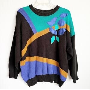 Vintage 80’s Silk Blend Floral Appliqué Geometric Pullover Sweater